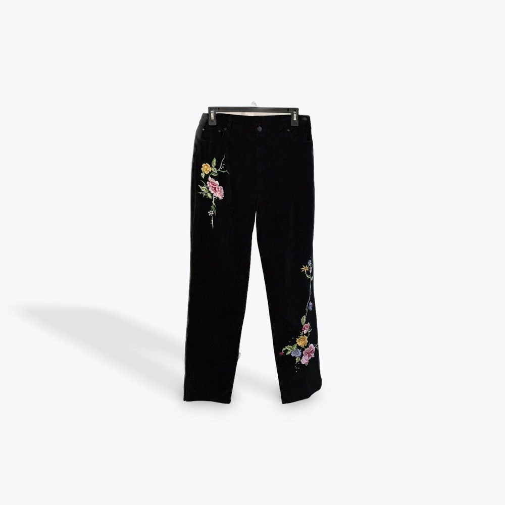 Lana Erica Black Embroidered Floral Straight Leg Pants Women's Size‎ 10